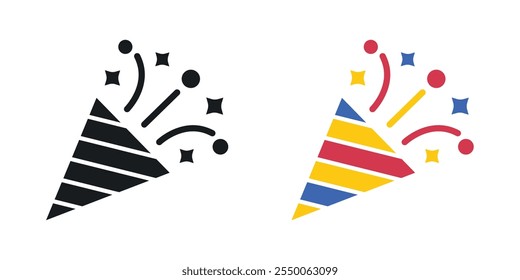 Confetti popper icon set in black and colored version
