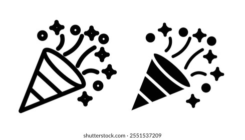 Confetti Popper Icon set in black filled and line.