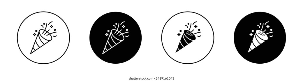 Confetti popper icon set. christmas party surprise popper vector symbol in a black filled and outlined style. birthday celebrate firecracker sign.