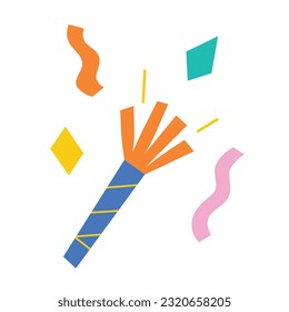 Confetti popper icon, vector illustration of confetti cannon for birthday parties and children events, party popper doodle for greeting cards and invitations, isolated colored clipart