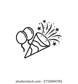 Konfetti-Popper-Linie, Symbol, Vektor mit flachem Zeichen, stetiges Piktogramm einzeln auf Weiß. Feier-Symbol, Logo-Illustration.