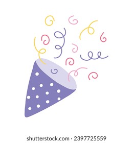 Confetti popper for party. Isolated confetti, explosion, firecracker, celebration in hand drawn style. Vector illustration.