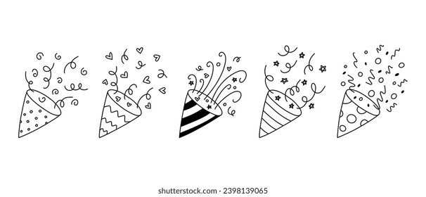Confetti Popper Set für Party. Kollektion Isolierte Konfetti, Explosion, Feuerwehr, Feiern im Doodle-Stil. Vektorgrafik.