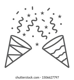 Confetti popper thin line icon, party and decor, party hat sign, vector graphics, a linear pattern on a white background, eps 10.