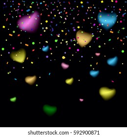 Confetti poster. Abstract background with colorful confetti, bright sparkles blurred light. Vector Carnival, Fiesta Birthday Holiday celebration Festive background template advertising design Festival