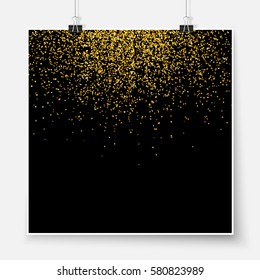 Confetti poster on binder clips. Holiday vector background. Celebration, festival, winning or carnival concept. Golden confetti pieces for web design, creative projects or printed products.