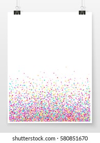 Confetti poster on binder clips. Holiday vector background. Celebration, festival, winning or carnival concept. Colorful confetti pieces for web design, creative projects or printed products.