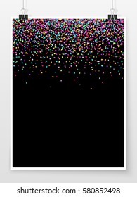 Confetti poster on binder clips. Holiday vector background. Celebration, festival, winning or carnival concept. Colorful confetti pieces for web design, creative projects or printed products.