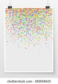 Confetti poster on binder clips. Holiday vector background. Celebration, winning or carnival concept. Star, heart and glitter pieces for web design, creative project or printed product.
