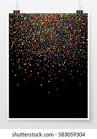 Confetti poster on binder clips. Holiday vector background. Celebration, winning or carnival concept. Star, heart and glitter pieces for web design, creative project or printed product.