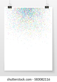 Confetti poster on binder clips. Holiday vector background. Celebration, festival, winning or carnival concept. Colorful pieces for web design, creative projects or printed products.