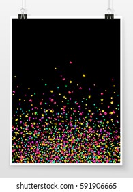 Confetti poster on binder clips. Holiday vector background. Celebration, winning or carnival concept. Star, heart and glitter confetti pieces for web design, creative project or printed product.