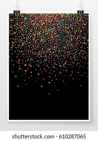 Confetti poster on binder clips. Holiday vector background. Celebration, winning or carnival concept. Star, heart and glitter confetti pieces for web design, creative project or printed product.