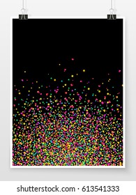 Confetti poster on binder clips. Holiday vector background. Celebration, winning or carnival concept. Star, heart and glitter confetti pieces for web design, creative project or printed product.