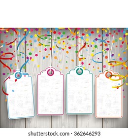 Confetti with price sticker, ribbons and banner on the wooden background. Eps 10 vector file.