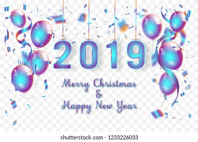 Confetti and rainbow ribbons celebration Merry Christmas and Happy New Year 2019 on transparent background as template concept. vector illustration