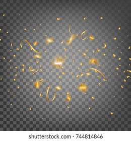 Confetti. Realistic shiny golden confetti isolated on transparent background. Holiday festive decorations.