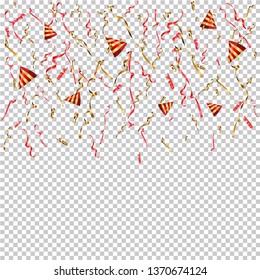 Confetti realistic vector illustration. Serpentine with golden effect. Party accessories, supplies isolated clipart. Striped Birthday hats on transparent background. B-day, Anniversary celebration