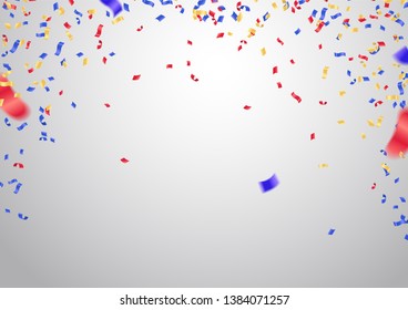 Confetti and red and blue ribbons and celebration background template, Happy birthday vector
