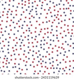 Confetti of red and blue stars on a white background, the color palette symbolizes the American flag.