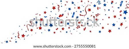 Confetti red and blue wave banner. USA celebration background. Stars and tinsel falling bg. Happy Independence Day decoration. Bright Birthday party invitation. Vector illustration.