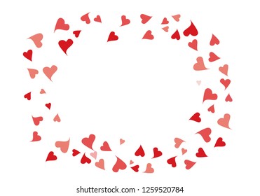 Confetti Red, Coral Hearts Frame Vector Background. Oval Frame Made with Doodle Falling Love Symbols. Confetti Hearts Border Template. Original Valentine's Day Frame for Text. Abstract Illustration