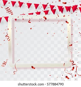 Confetti red frame and flag ribbons, Celebration background template.