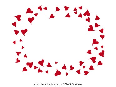 Confetti Red Hearts Frame Vector Background. Oval Frame Made with Doodle Cute Falling Love Symbols. Confetti Hearts Border Template. Original Valentine's Day Frame for Text. 