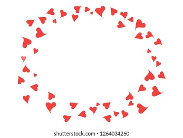 Confetti Red Hearts Frame Vector Background. Oval Frame Made with Doodle Cute Falling Love Symbols. Confetti Hearts Border Template. Original Valentine's Day Frame for Text. Abstract Illustration