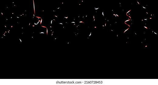 Confetti with red shiny glitter on a black background. Serpentine. Scattered shiny particles. Decorative element. Luxury background for your design, postcards, invitations, vector