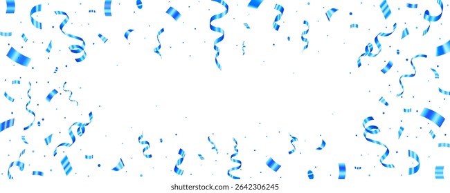 Confetti and ribbon on transparent background for celebratory design. Empty space background for celebrations or party themes. Blue confetti, Carnival ribbon,