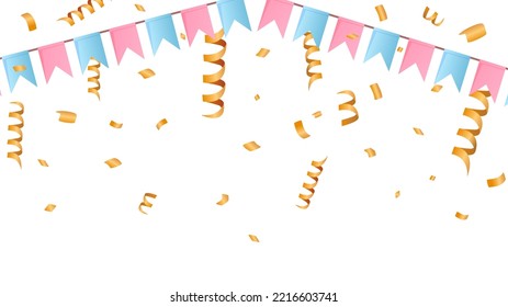 Confetti and ribbon promotions and events illustration. Party, ribbon, firecracker, decorative flag, event. Vector illustration.