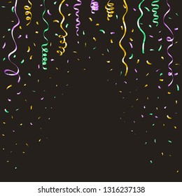 Confetti and ribbons background template, holiday, birthday, mardi gras colors, vector illustration