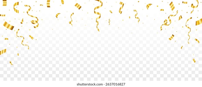 Confetti and ribbons falling on transparent background for celebration and party design elements. Realistic golden confetti isolated vector illustration