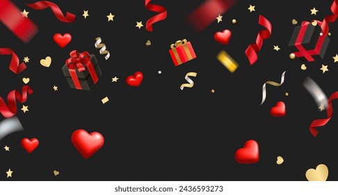 Confeti y cintas, cajas de regalo y corazones. Tarjeta de feliz día de San Valentín