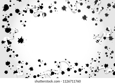 Confetti, ribbons with ink splatter scatter, black and white celebration party holiday season concept on white abstract background vector illustration
