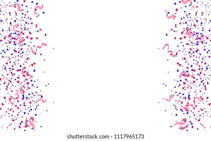 Confetti, ribbons and paper scatter splash falling holiday, celebration, party, festival and sales event on white frame space abstract background vector illustration