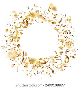 Confetti round banner. Gold realistic confetti and serpentine ribbons round frame for decoration holiday design,anniversary,advertisement,New Year,greeting card.Modern vector empty serpentine frame