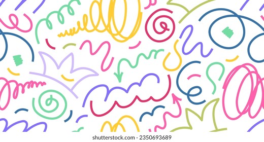 Confetti Scribble abstract seamless pattern. Playful colorful squiggle for kid design. Simple Confetti pattern with scribble memphis print. Simple vector seamless illustration