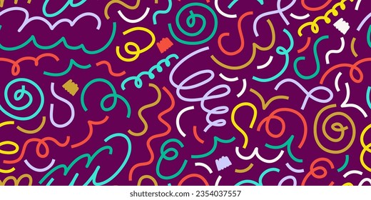 Confetti Scribble abstract seamless pattern. Playful colorful squiggle for kid design. Simple Confetti pattern with scribble memphis print. Simple vector seamless illustration