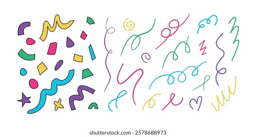 Confetti scribbles and doodles. Carnival. Childish colorful shapes, figures, elements. Abstract festive ribbons. 90s memphis. Vector isolated on white.