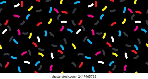 Confetti seamless pattern. Congratulations vector repeat. Abstract holiday sweet dessert backdrop. Bright vibrant color scattered geometric elements congrats design. Cupcake donut sprinkle surface