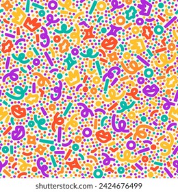 Confetti seamless pattern. Geometric background with different geometric shapes. Memphis seamless confetti pattern. Bright and colorful, 90s style. Vector background.