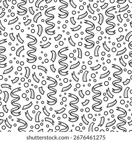 Patrón sin fisuras de confeti sobre un fondo blanco, diseño de patrón blanco y negro de caída de confeti, diseño de papel digital de celebración, patrón decorativo de dibujos animados juguetones, Elementos de fiesta