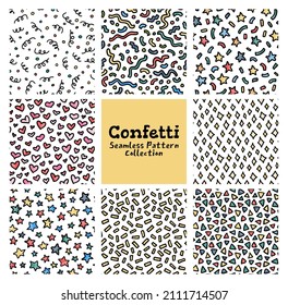 Confetti seamless pattern set. Colorful hand drawn doodle style party confetti firework pattern isolated on transparent background. Set of decorative festive texture, print, mosaic, ornament patterns.
