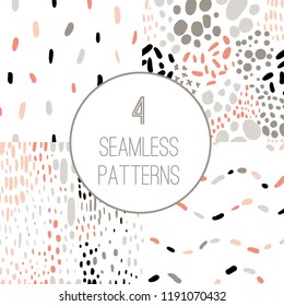 Confetti seamless pattern set. Dots, waves. Trendy creative background with hand drawn brush strokes. Abstract colorful shapes. For printing for modern and original textile, wrapping paper, wall art