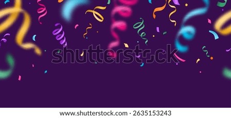 Confetti seamless vector banner background with colorful flying blurred serpentine ribbons. Birthday, party, anniversary, carnival border illustration in flat gradient style. Pattern on dark backdrop.