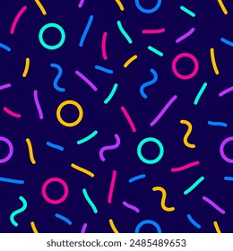 Confetti seamless vector pattern. Geometric kid style background with different geometric shapes. Memphis seamless confetti pattern. Bright and colorful, 90s style. Vector background