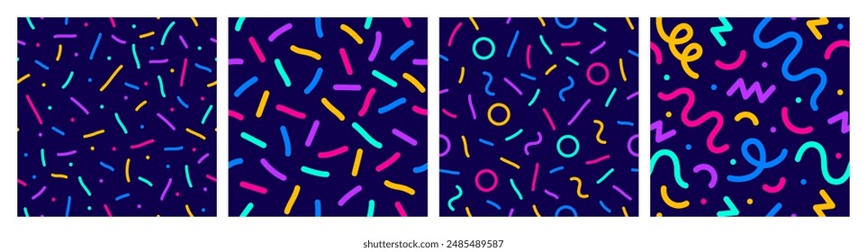 Conjunto de patrones de Vector sin costura de confeti. Fondo geométrico de estilo infantil con diferentes Formas geométricas. Patrón de confeti sin costuras de Memphis. Luminoso y colorido, estilo años 90. fondo de Vector