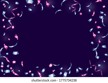 Confetti, serpentine. Blue and pink metallic gradient. Festive background, design for cards, invitations. Abstract texture on a blue background. Design element. Vector illustration, eps 10.